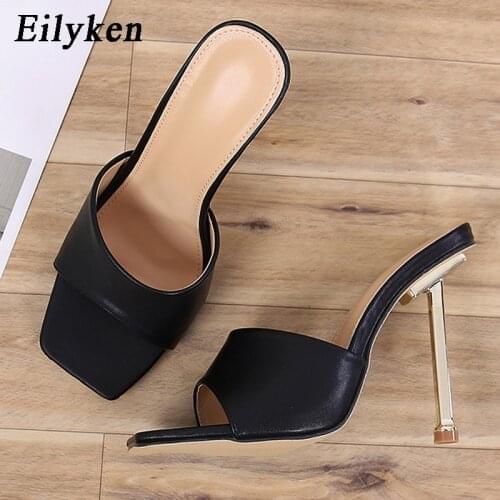 Eilyken 2021 Summer New Metal High Heels Women Slippers Cozy Pu Leather Mules Slides Sandals Sexy Square Toe Party Dress Shoes