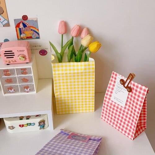 Ins Korea color grid small gift packaging bag lovely receive arrange a brown paper bag 10pcs