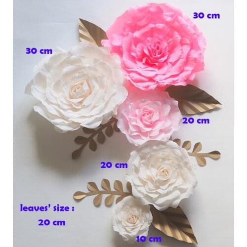 Giant Paper Flowers Backdrop Artificial Handmade Crepe Paper Rose 5PCS+Gold Leaves 6PCS For Wedding & Party Deco Home Decoration
