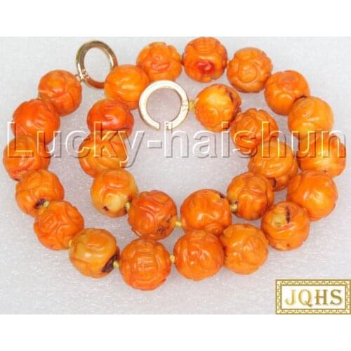 JQHS 19" 16mm natural round carved yellow Round coral necklace j12504