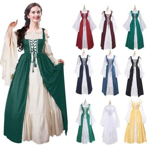 Halloween Cos Medieval Vintage 2 Piece Set Slim Maxi Dress Costume Adult Women Renaissance Lace-Up Irregular Gown Robe Dresses