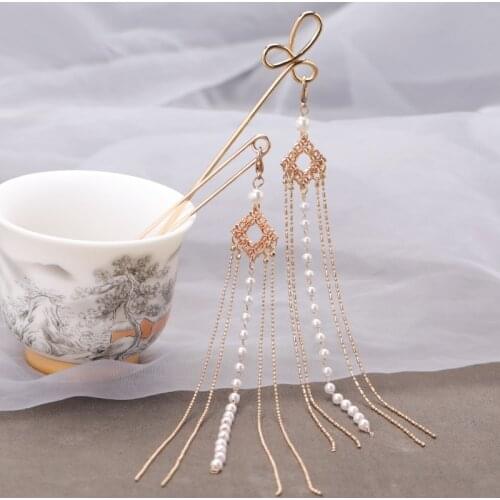 Chinese Style Metal U-shaped Hairpin Hair Stick Fashion Geometric Tassel Womens Hair Clip Retro Hanfu Pearl Barrettes Headdress