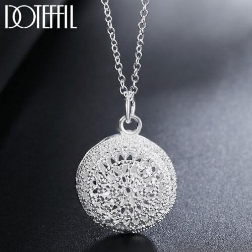 DOTEFFIL 925 Sterling Silver 18 Inch Hollow Round AAA Zircon Pendant Necklace For Women Fashion Wedding Party Charm Jewelry