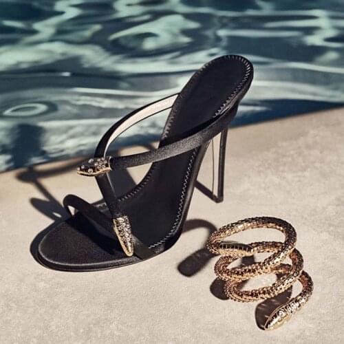 Sexy Open Toe Sandals Slides Women Slippers 2020 New Summer Black Thin High Heels Gladiator Shoes Party Roman Shoes Mules Snake