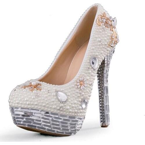 Luxury Rhinestone Platform Formal Shoes Crystal Wedding Shoes White Pearl Bridal Dress Pumps Event High Heels Bridal Dress Shoes