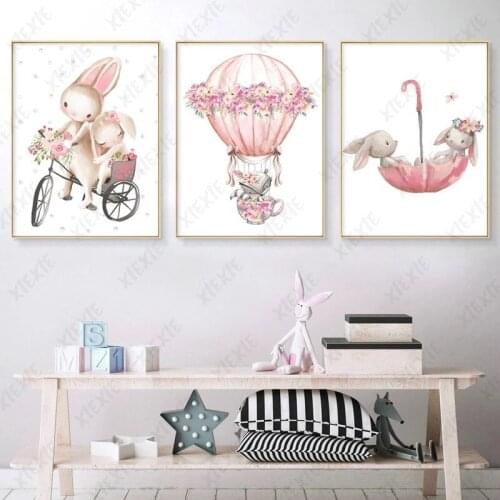 Pink Dream Bunny Bike Poster Hot Air Balloon Canvas Painting Umbrella Wallpaper Print Art Craft Picture for Home Decoration