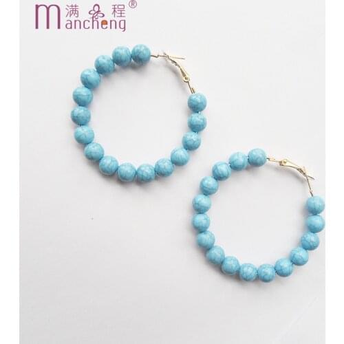 Серьги 2021 тренд Blue Turquoise beads Drop Earrings серьги women Geometric Big Circle (50MM) Hoops Earrings сережки Statement