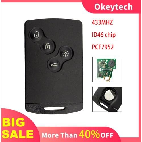 OkeyTech 433MHz Keyless Smart Card Car Remote Key For Renault Megane 3 Laguna 3 Scenic Fluence 2008-2016 4 Button PCF7952 Chip