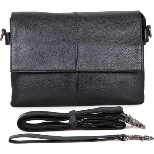 Mens genuine leather shoulder bag Black 2 use clutch wallet bag for iPad Cow leather magnetic button Flap Messenger bag