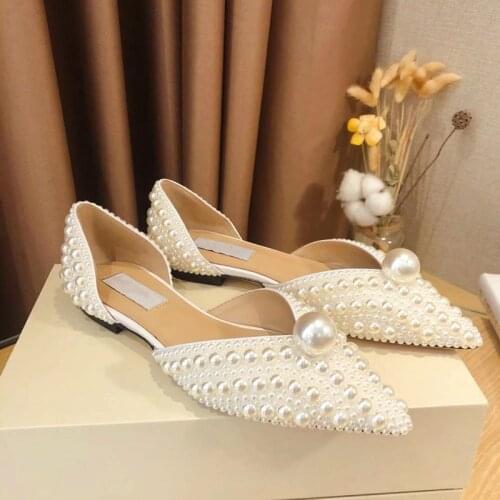 Pearl Flats Women Genuine Leather Shoes Pointed Toe Shoes Elegant Shoes Hand Made Chic Luxury Brand Designer Fashion Woman Shoe