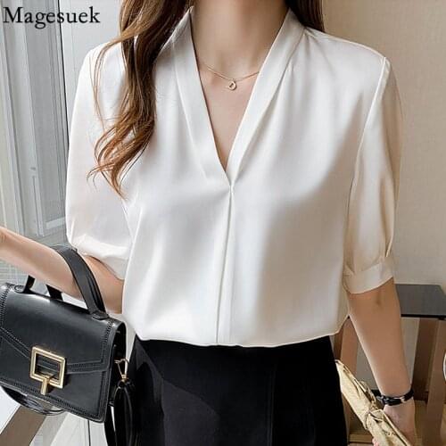 Korean Loose V-neck Summer White Blouse Women 2021 New Short sleeve Satin Shirt Temperament French Style Fashion Clothes 14344