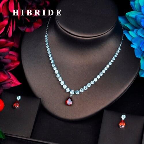 HIBRIDE Romantic Red Tear Drop Shape Jewelry Sets Women Jewelry Accessories Necklace Sets Spark Cubic Zirconia Jewelry N-559