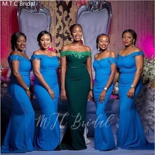 Wholesale Blue Mermaid African Bridesmaid Dresses Off The Shoulder Sexy Long Wedding Party Dress Plus Size Black Girls Prom Gown