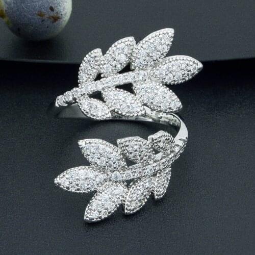 Luxury Leaf Full Micro AAA Cubic Zirconia Copper Women Party Wedding Saudi Arabic Dubai Fashion Ring