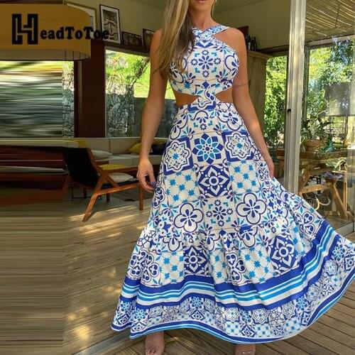 Halter Ethnic Print Sexy Cutout Maxi Dress Women Sleeveless Casual Weekend Vacation Halter Summer Dress