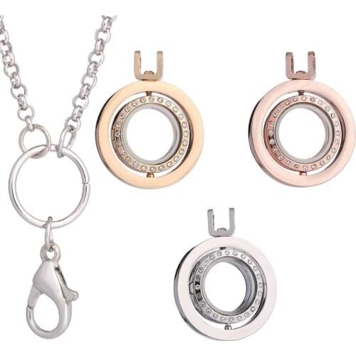 1pcs New rose golden Rhinestone Round Rotation Floating charms Memory Living Locket Pendant For necklace women with 60cm chain