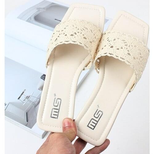 2021 summer womens slippers 1cm lace hollow open toe flats shoes comfortable new fashion large size high heels casual 35-41