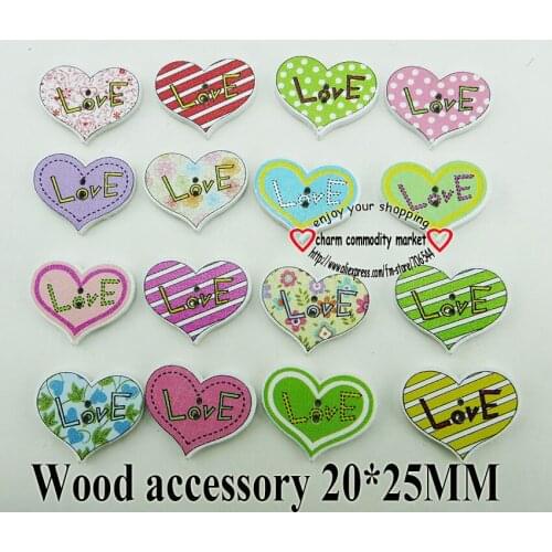 40pcs love hearts 2 Holes patterns cartoons Wood Sewing Button Scrapbooking charms WCF-381