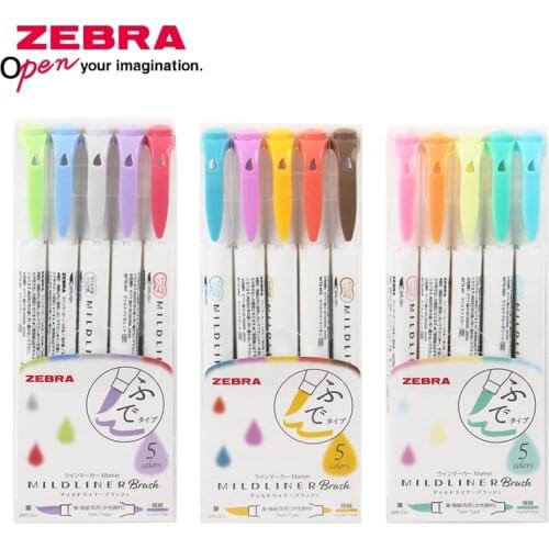 5pcs ZEBRA WFT8 Double Head Light Color Highlighter Brush Student with Marker Color Hand Account Marking Key Point Stationery