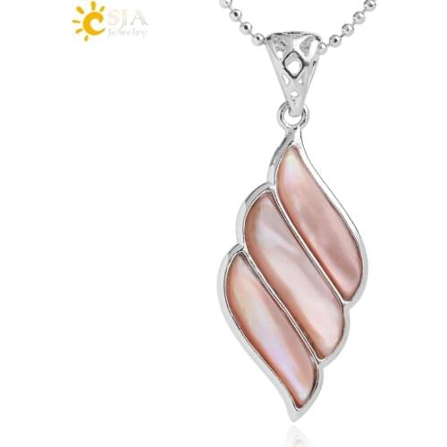 CSJA Natural Pink Shell Pendant Leaf Shape MOP Silver Color Hollow Alloy Pendants Necklaces for Women Girls Charms Jewelry F989