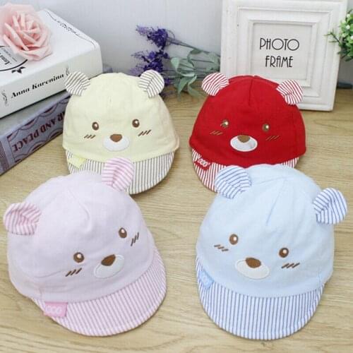 Newborn Baby Kids Soft Cotton Cartoon Bear Caps Infant Girl Boy Visors Striped Hats Sun Hat With Ear Summer Beach Wear