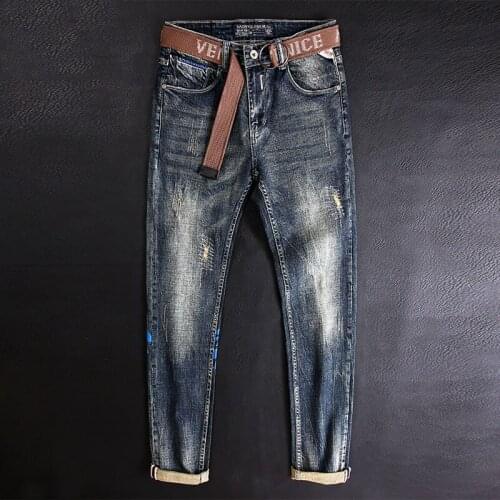Newly Street Style Fashion Men Jeans Retro Blue Elastic Slim Fit Ripped Jeans Men Printed Designer Hip Hop Casual Denim Pants