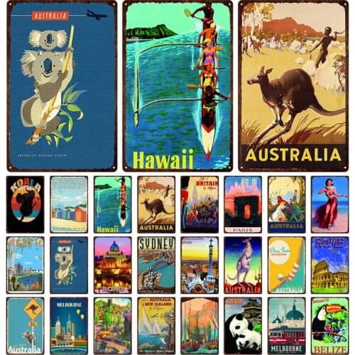 Hawaii Paris Rome City Building Metal Sign Tin Sign Vintage Kangaroo Panda Beach Vacation Wall Art Plaque Decor