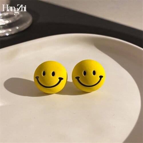 HANGZHI 2021 New Korean Retro Geometric Colorful Yellow Smiley Face Stud Earrings Summer For Women Girls Party Jewelry