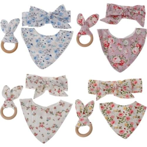 3Pcs Baby Rabbit Ears Teether Cotton Bibs Headband Infant Saliva Towel Care Set