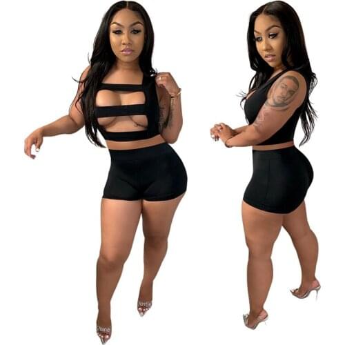 Black Two Piece Set Women Summer Hollow Sleeveless Sexy Vest Crop Top+Shorts Sets Night Club Outfits Streetwear Wholesale Items