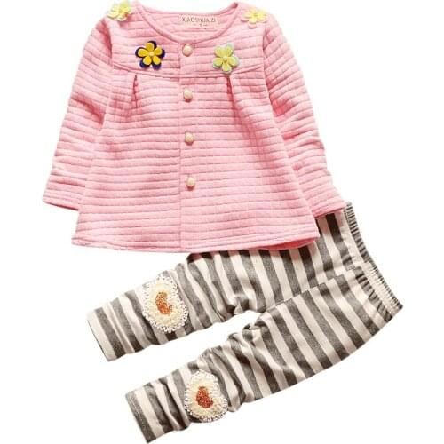 Girls Clothing Sets Baby Children Cotton Long Sleeves Flower Coat And Striped Pants Suits Kids Clothes Sets Costume For 0-4 Y