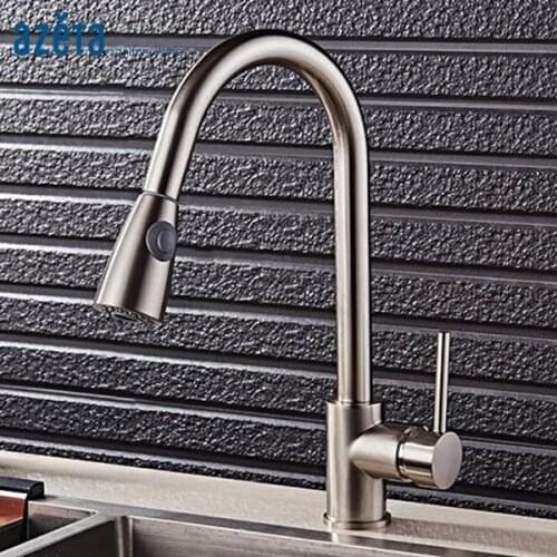 Azeta Brushed Kitchen Faucet Single Handle Pull Out Tap Single Hole Handle Swivel 360 Degree Water Kitchen Mixer Tap MK9824CBN