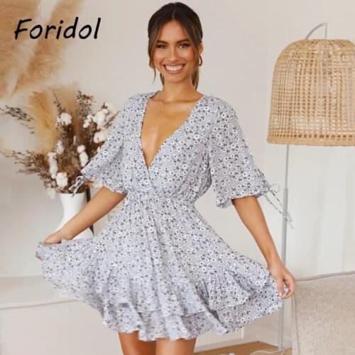 Floral Print Ruffles Summer Dress for Women A-line Casual Beach Boho Dress Mini Vestidos Clothes Girls Party Dress 2021 New