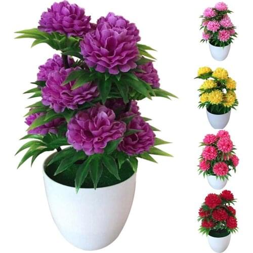 Hot Sell 1Pc Bright Color Lifelike Artificial Chrysanthemum Bonsai Potted Fake Plant Landscape Home Floral Decor