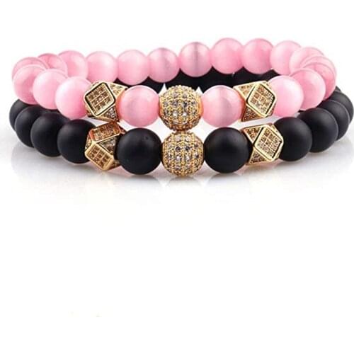 Fashion 2PCS/Set Couple His Hers 8mm Stone Bead CZ Crown Bracelet Men Charm Strand Bracelet Handmade Men Wristband Jewelry Gifts