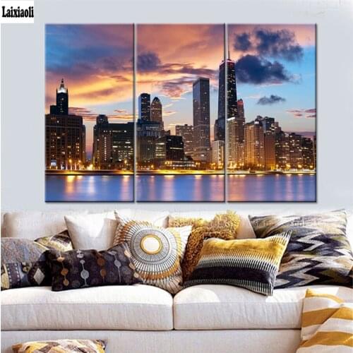 Mosaic diamond embroidery prosperous city night view diamond painting cross stitch triptych scenery full square rhinestone decor