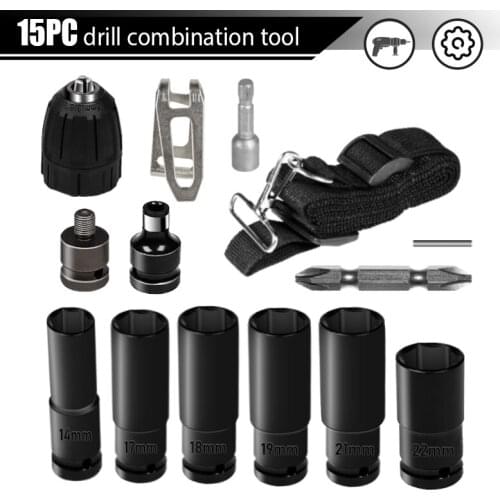 15pcs Electric Impact Wrench Drill Chuck Drive Adapter Set Hexs Socket Head Set Kit for Electric Drill Wrench Screwdrivers