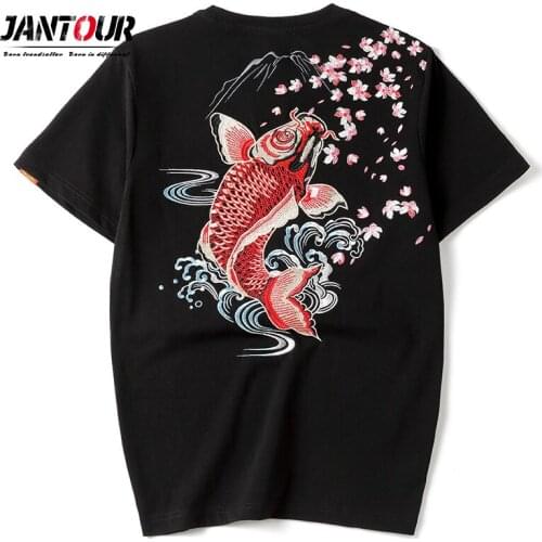 2021 New Summer 100% Cotton T-shirt Mens Embroidery Brocade carp O-Neck Shirt Tees Tops Male Chinese style Big size M-4XL