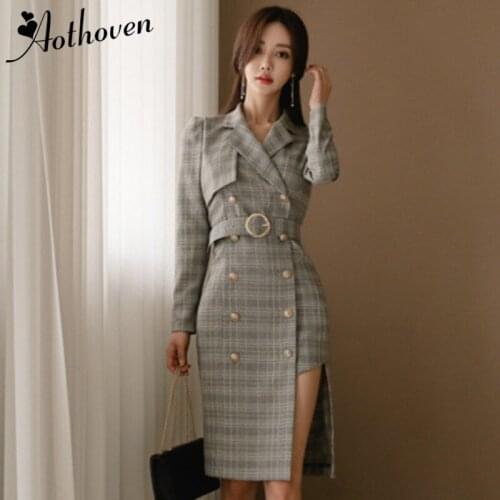 Plus Size Autumn Asymmetrical High-end Women Dress Gray Long Sleeve Plaid Button Vintage Office Dress Business Suit Wrap Dresses