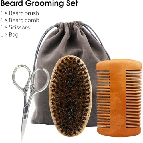 Professional Boar Bristle Wood Beard Brush Hairdresser Shaving Brush Men Mustache Comb Kit With Gift Bag Beard Cleaning Set