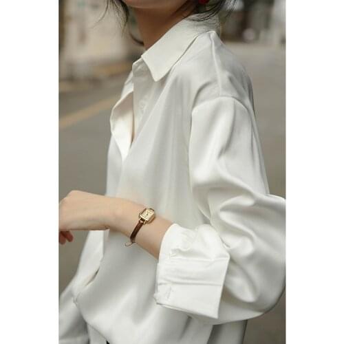 Button Up Satin Silk Shirts Women Tunic Vintage Blouse 3 Colors Official Lady Long Sleeves Turn Down Collar Female Loose Basic