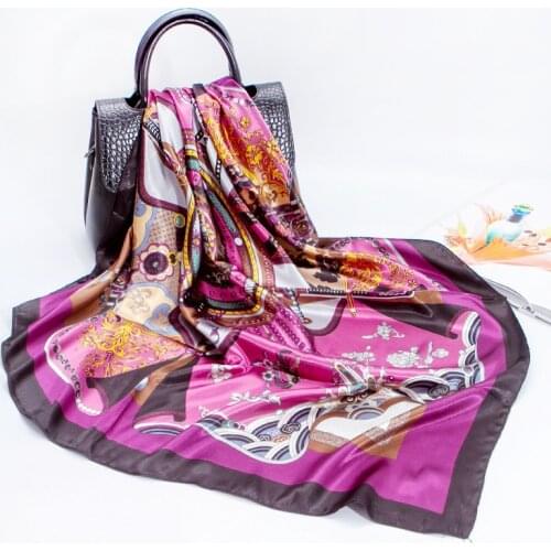Silk Scarf Womens Spring Imitation Silk Printing Scarf 90cm Purple Satin Large Square Scarf Gift Customization Shawl