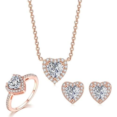 Wedding Bride Jewelry Set For Women Korean Heart Necklace Chain Rose Gold Color Earring Ring Zircon Jewellery Wholesale S543
