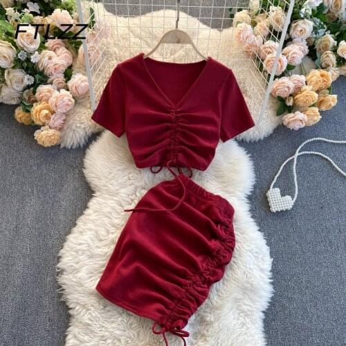 Spring Summer Outfits Women Suit Two-piece Swets Vintage Drawstring Pleated V Neck Crop Tops Slim Wrap Skirt Woman Tracksuits