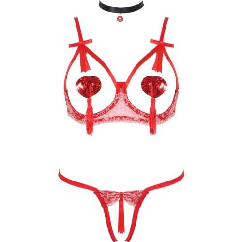 Women Exotic Sets Hollow Out Lace Trim Lingerie Set Underwire Bra with Crothless Thongs Sequin Tassel Nipple Sticker Neck Ring