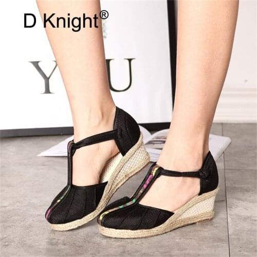 Chinease Handmade Summer Women Linen Close Toe Wedge Sandals Ankle T-Strap Mid Heel Lady Casual Hemp Pumps Shoes Sandials Mujer