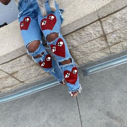 Heart Print Denim Cut Out Distressed Jeans For Women Baddie Clothes Streetwear High Waist Baggy Pants in Blue Fashion
