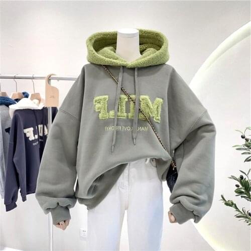 Pullovers Women Korean Style hoodies For Female Tops Vintage Solid Long Sleeve Oversized Hooded Sweatshirt Jacket Casual Large