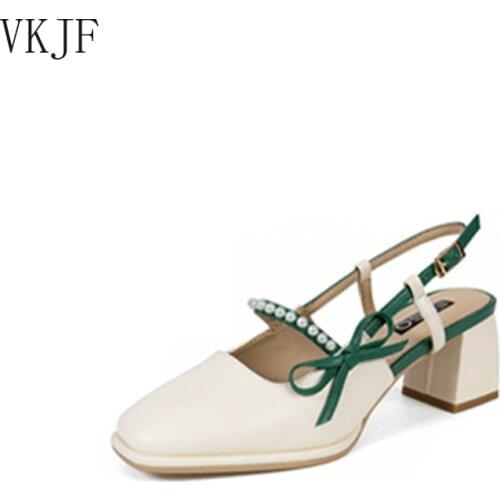 2021 New Summer Square Toe Sweet Style Slingbacks Comfortable Baotou Women Sandals Bowknot Pearl High Heel Sandals Women Pumps