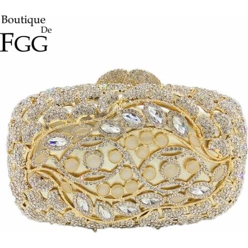 Boutique De FGG Bling Shiny Crystal Evening Clutch Bag Women Metal Minaudiere Clutches Gold Opal Stones Wedding Purse Bridal Bag